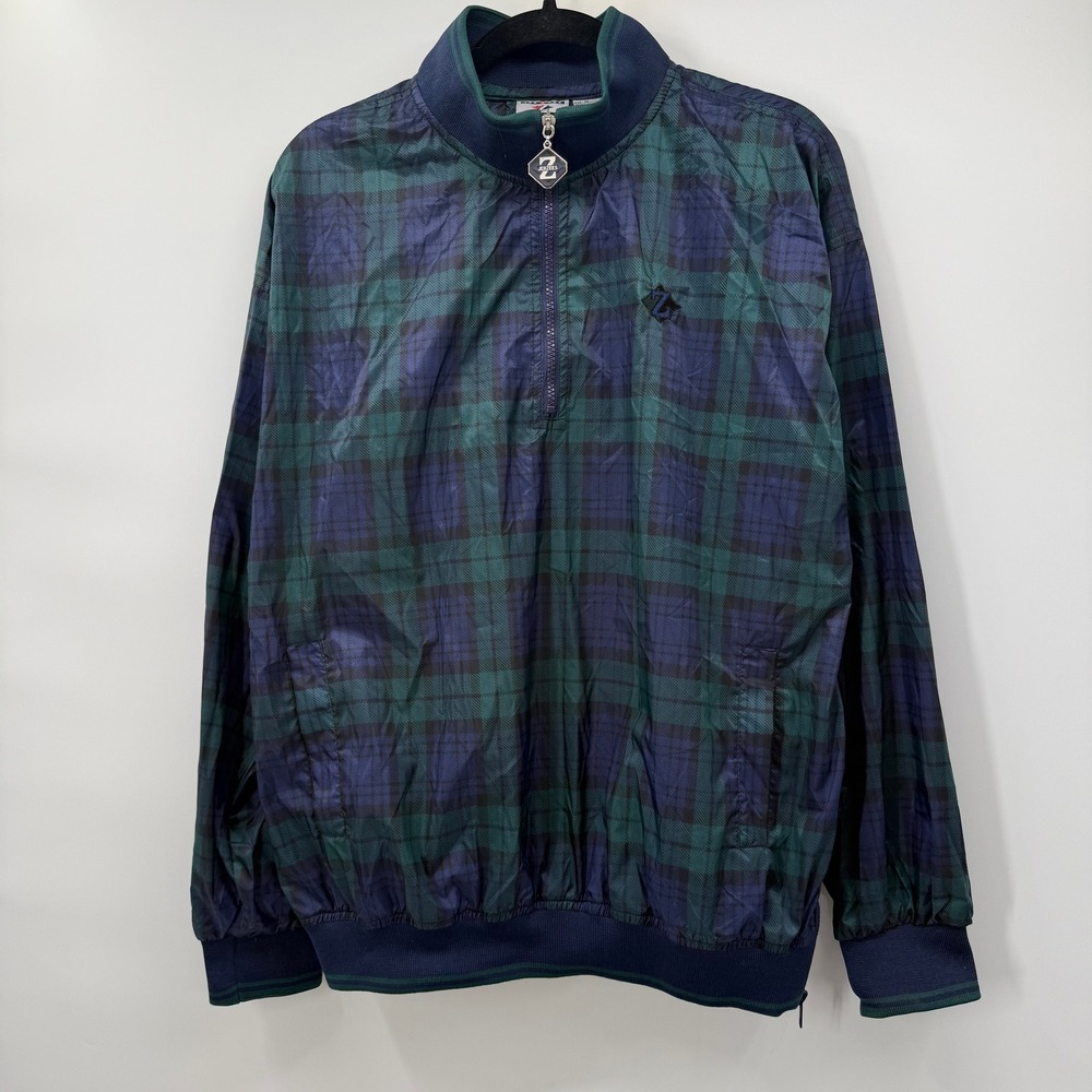 Jerzees Mens Size Medium Plaid Windbreaker Jacket Quarter Zip Pullover
